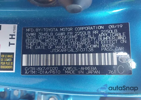 2020 Toyota Prius Le from USA, damaged, VIN JTDKARFU4L3107138